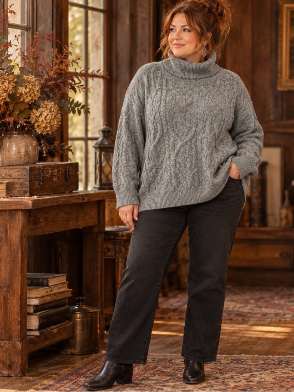 Cyrus Gray Cable Knit Turtleneck Sweater